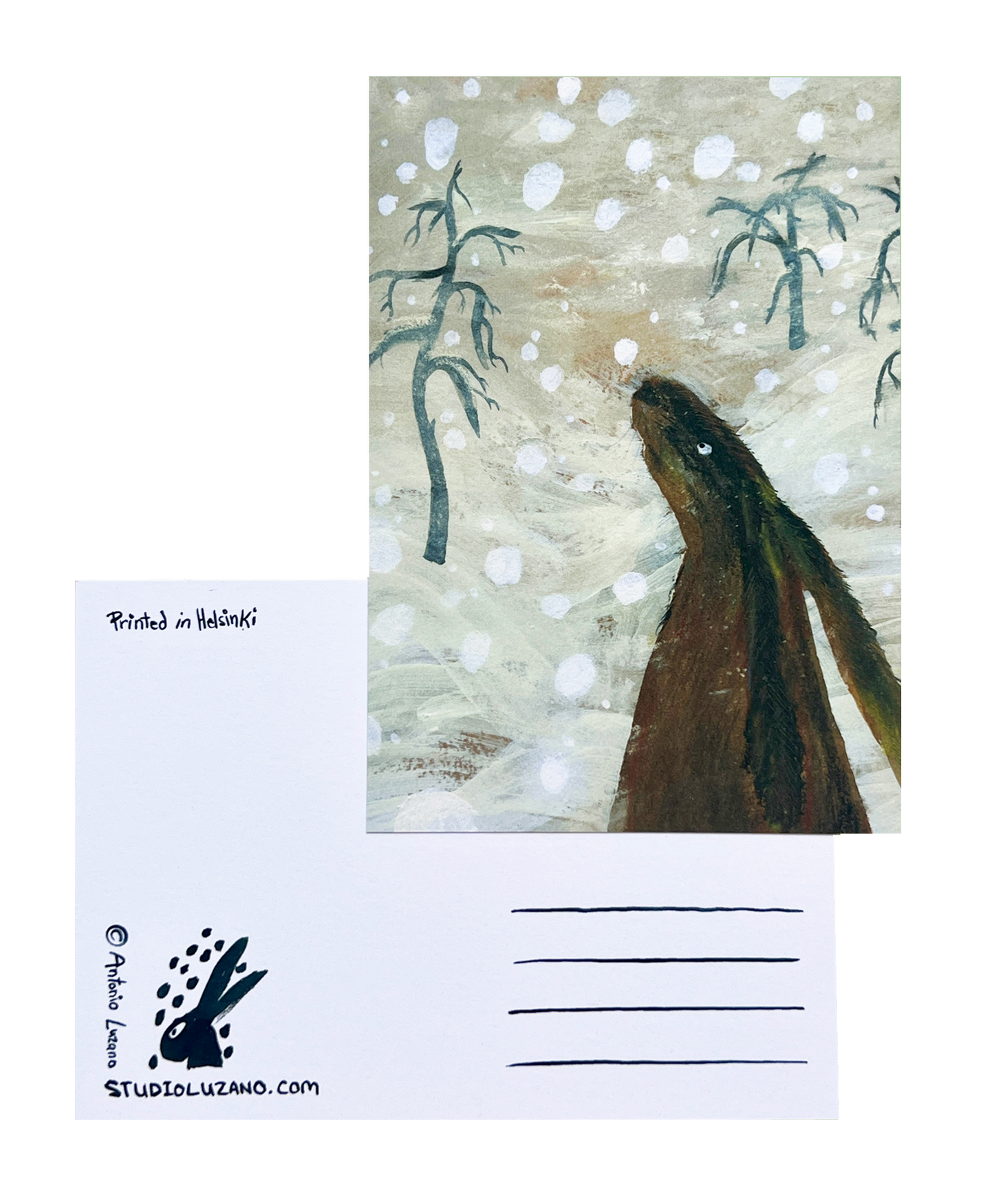 Hare in Blizzard - A6 Postcard