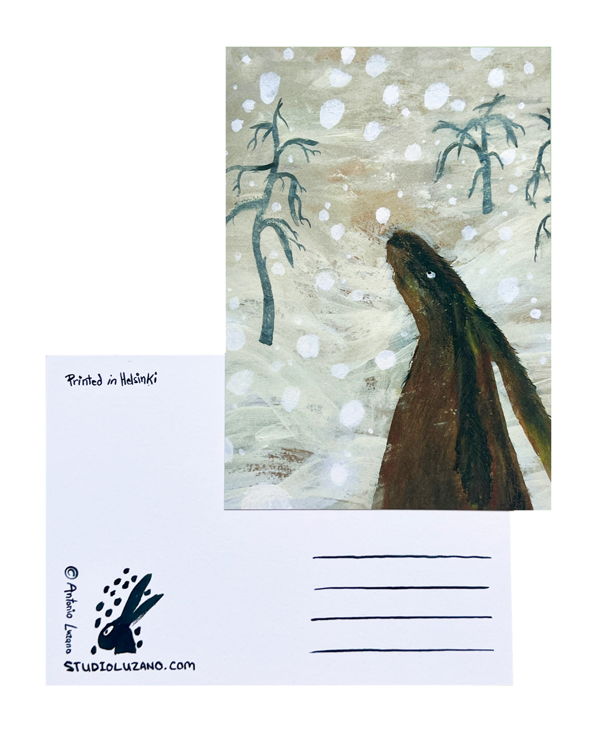 Hare in Blizzard - A6 Postcard