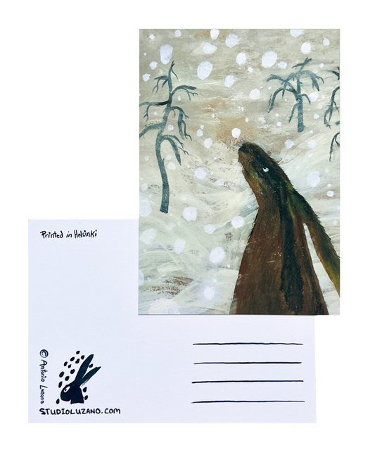 Hare in Blizzard - A6 Postcard