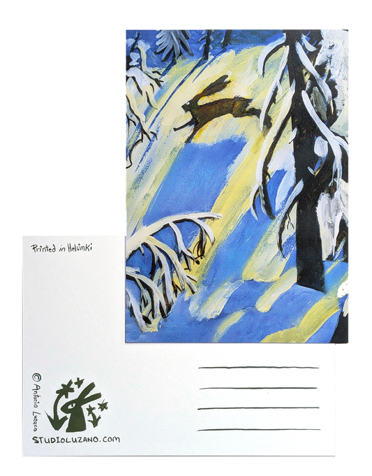 Hare Running in Winter Forest - A6 Postcard